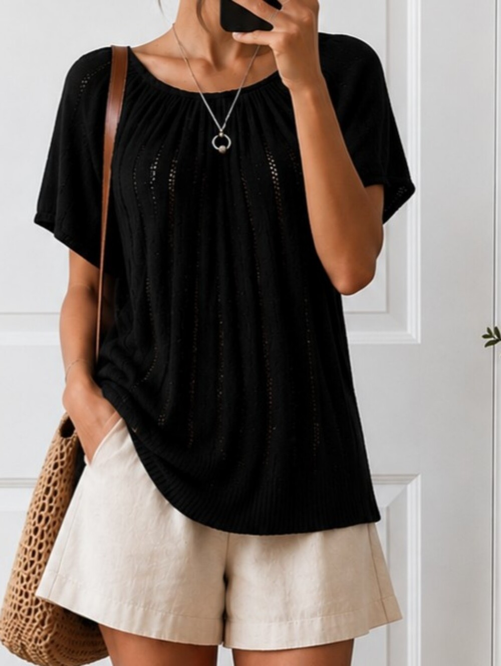 Esprit Edc Black Open Knit Rayon Blouse | Lightweight Summer Top | Size M